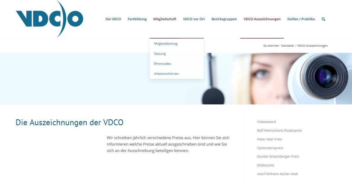 Website mit Informationen zu ausgeschriebenen Preisen der VDCO.
