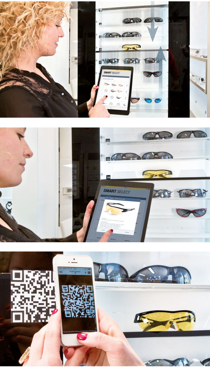 Ein „Paternoster“ für die Brillenpräsentation: Über die Software Smart Select kommt „Elevender“ in Bewegung. (Fotos: Concept-s)