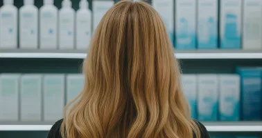 Frau steht vor Regal mit Pflegemittel