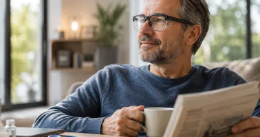 Mann mit Brille und Tasse