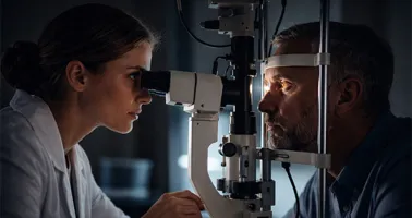 Augenoptikerin untersucht Augen mittels Spaltlampe