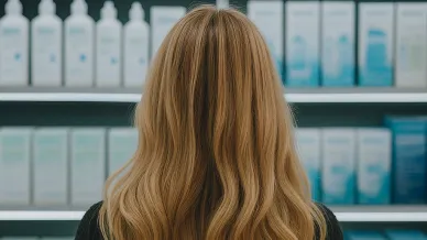 Frau steht vor Regal mit Pflegemittel