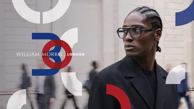 Werbebanner William Morris London mit Model und Brille