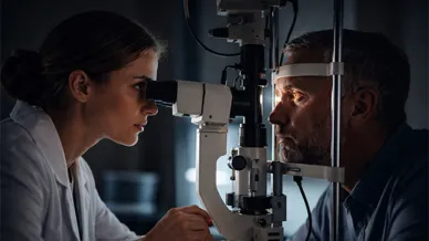 Augenoptikerin untersucht Augen mittels Spaltlampe