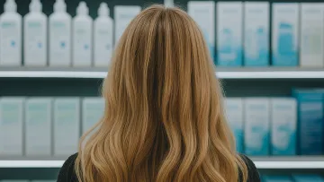 Frau steht vor Regal mit Pflegemittel