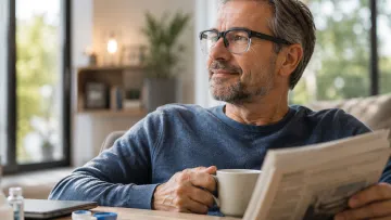 Mann mit Brille und Tasse
