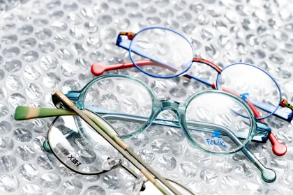 drei bunte Kinderbrillen auf Luftfolie