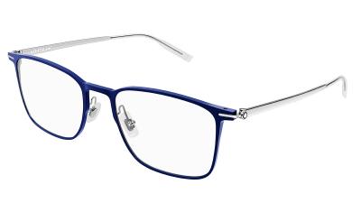 Eine blaue Metall-Kunststoff-Brillenfassung in Seitenansicht