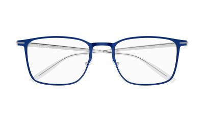 Eine blaue rechteckige Metall-Kunststoff-Brillenfassung, in Seitenansicht