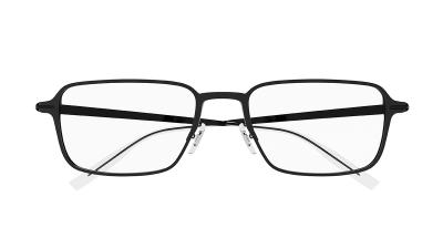 Eine schwarze rechteckige Metall-Kunststoff-Brillenfassung von vorne