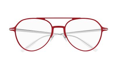 Eine rote Piloten Metall-Kunststoff-Brillenfassung von vorne,  mit silbernen Bügeln