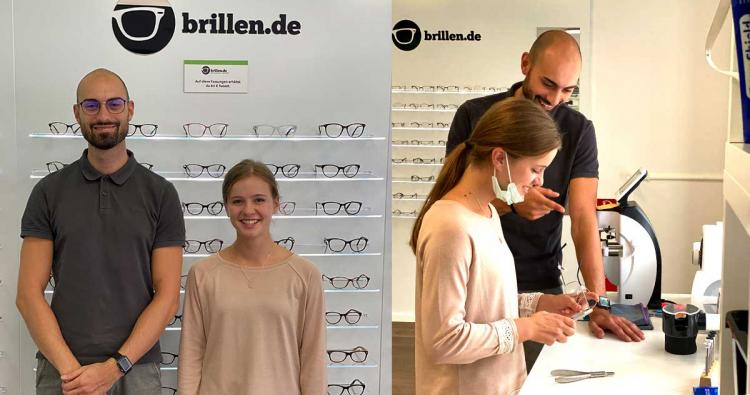 erste Auszubildende Jolyn Anny Enns bei brillen.de mit Optikermeister Philipp Herzhauser Mannheim