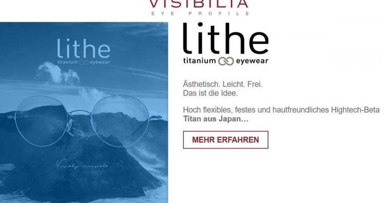 Screenshot der Visibilia-Website mit dem Label "Lithe Eyewear