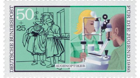 Briefmarke zeigt den Augenoptiker früher und heute