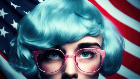 Frau mit Brille vor amerikanischer Flagge