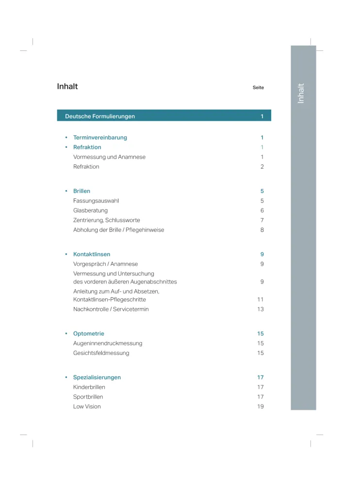Sprachführer Augenoptik Inhaltsverzeichnis1